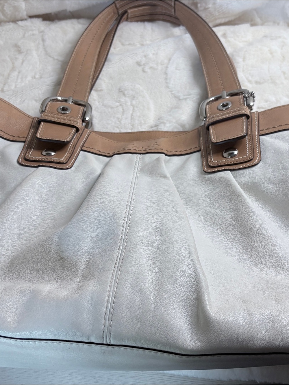 Vintage Coach 13733 Ivory Leather Large Tote Shoulder Bag Taupe Trim - Picture 6 of 16